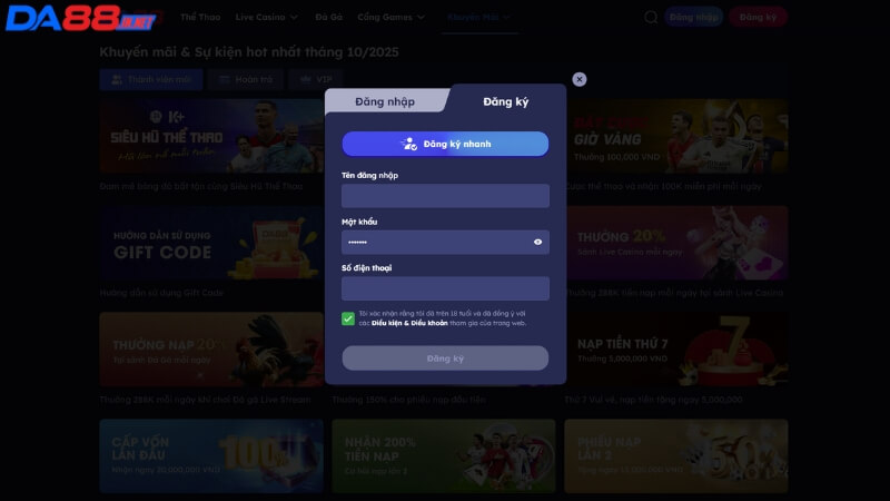 Quá trình đăng ký DA88 nhanh chóng chỉ với 1 phút