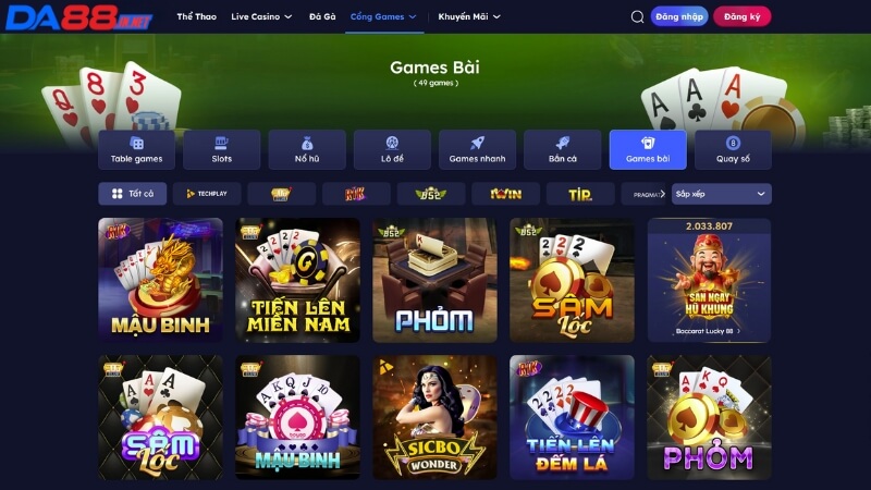 Sảnh game bài DA88 với tỷ lệ cược xanh chín