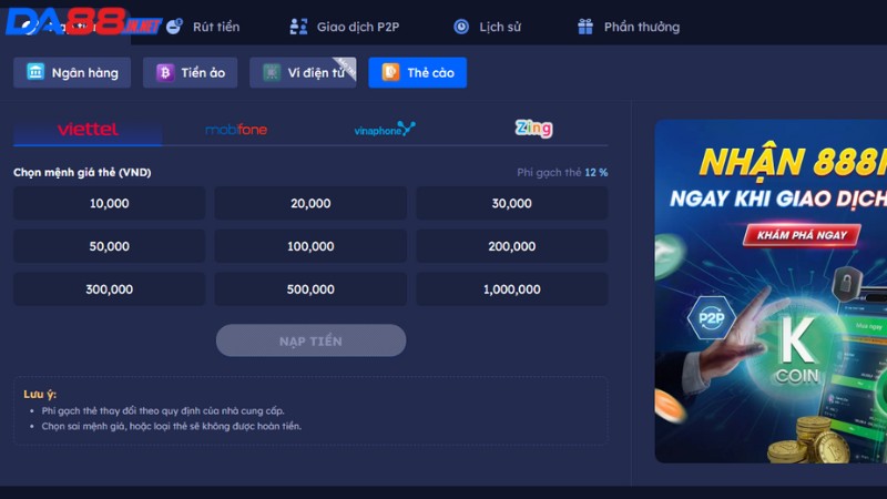 Hướng dẫn nạp tiền Da88 nhiều hình thức hiện đại