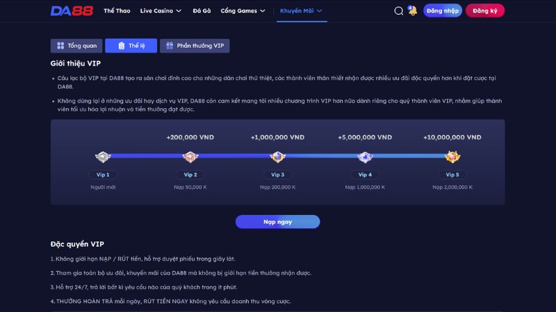 Cập nhật các ấp độ tài khoản Vip tại nhà cái DA88