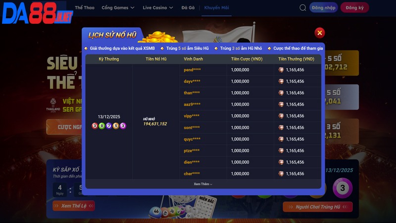 Cơ cấu trả thưởng Săn Hũ Thể Thao tại nhà cái DA88